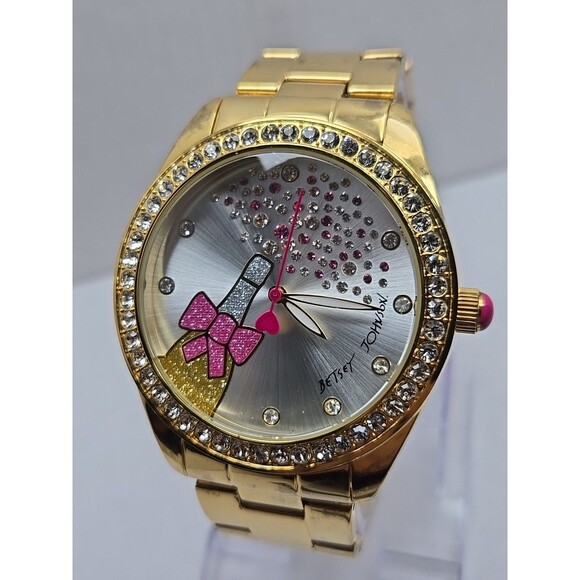 Betsey Johnson Gold Tone Crystal Bezel Champagne Bottle Bow Quartz New Battery - Picture 4 of 13